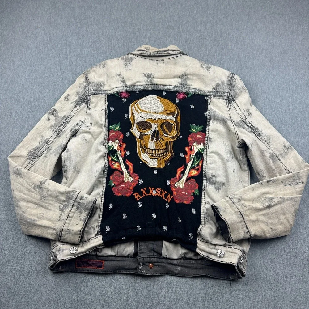 VTG‎ Rock Revival Jacket Mens XL Gray Distressed Studded Rare Custom Patch Skull
